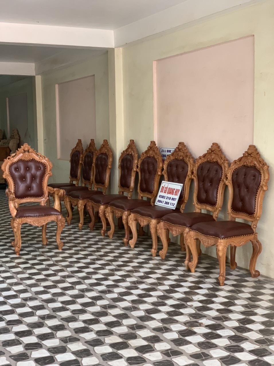 Bộ bàn ăn tròn 6 ghế bọc da bò