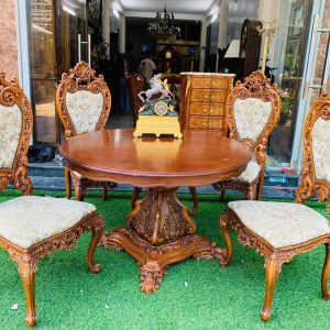 Bộ bàn ghế ăn hoa hồng - Bàn tròn 6 ghế bọc da bò