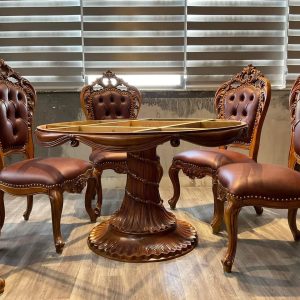 Bộ bàn ghế ăn hoa hồng - Bàn tròn 6 ghế bọc da bò