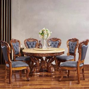 Bộ bàn ghế ăn hoa hồng - Bàn tròn 6 ghế bọc da bò