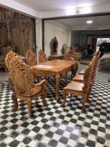 Bộ bàn ghế ăn gỗ hoa hồng chân cong - Bàn dài 10 ghế