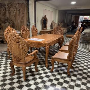 Bộ bàn ghế ăn gỗ hoa hồng chân cong - Bàn dài 10 ghế