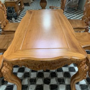 Bộ bàn ghế ăn gỗ hoa hồng chân cong - Bàn dài 10 ghế