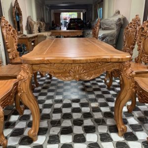 Bộ bàn ghế ăn gỗ hoa hồng chân cong - Bàn dài 10 ghế