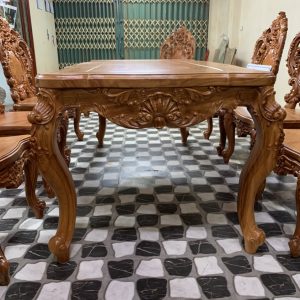 Bộ bàn ghế ăn gỗ hoa hồng chân cong - Bàn dài 10 ghế