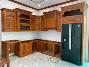 Tủ bếp phòng khách thiết kế theo bản vẽ 3D mẫu theo yêu cầu của khách hàng