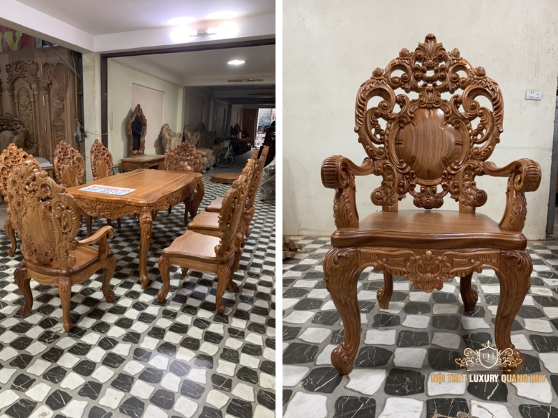 Bộ bàn ghế ăn gỗ hoa hồng chân cong 10 ghế