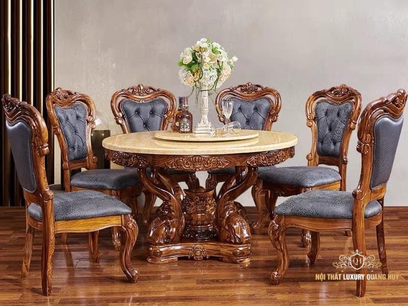 Bộ bàn ghế ăn bàn tròn bọc da cao cấp với 6 ghế