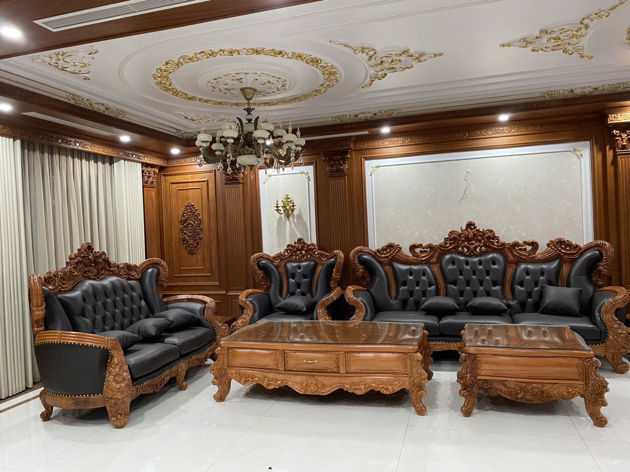Bàn ghế tân cổ điển gỗ gõ đỏ mẫu hoa hồng