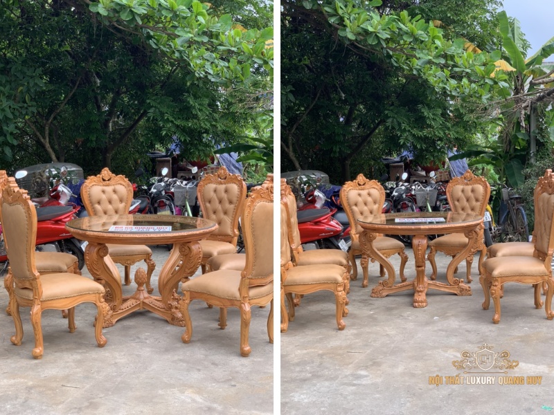 Bộ bàn ăn tròn 6 ghế bọc da bò
