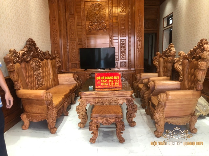 Mẫu bàn ghế gỗ gõ đỏ phòng khách nhỏ nguyên khối 