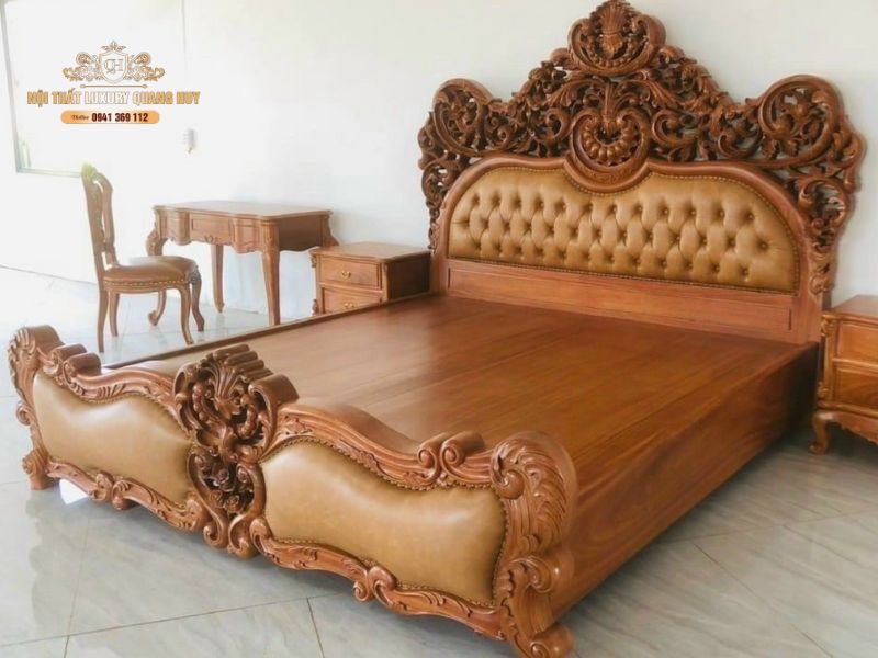 giường bọc da tân cổ điển màu nâu