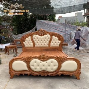 giường bọc da tân cổ điển màu be