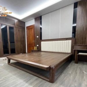 giường ngủ gỗ óc chó cao cấp bọc đệm trắng