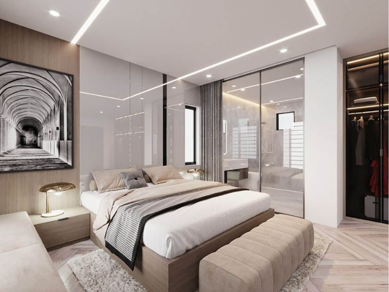 kê giường ngủ cạnh nhà vệ sinh
