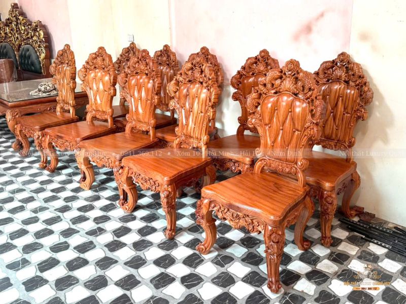 bộ bàn ăn 12 ghế gỗ gõ nguyên khối