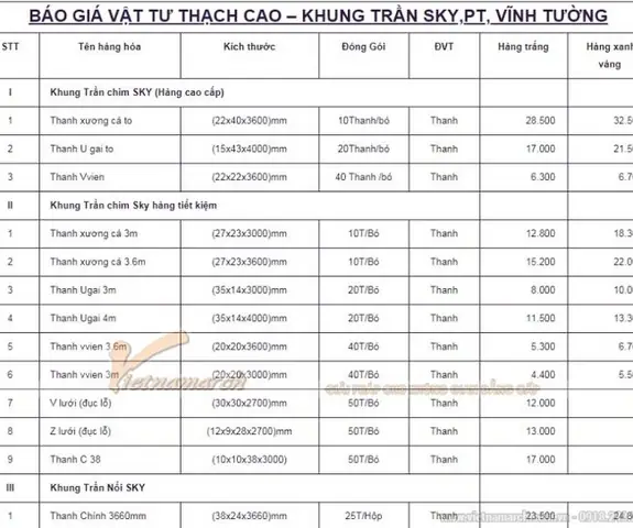 Báo Giá Khung Xương Vĩnh Tường 2016 Báo Giá Khung Xương Vĩnh Tường 2016